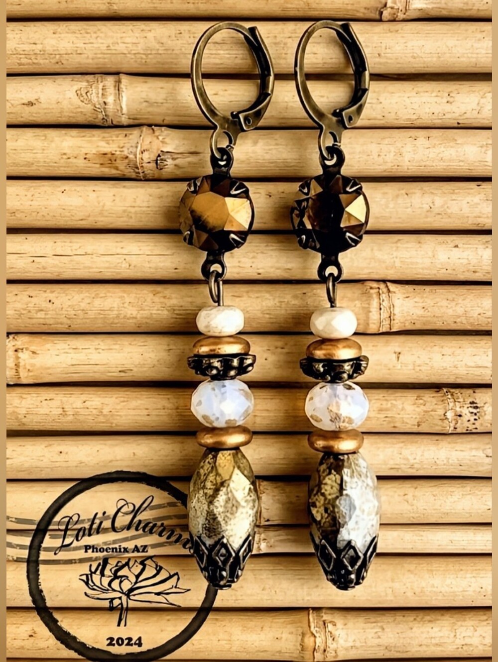 Victorian White Etched W/ Gold Mettalic Swarovski Crystal Earrings In Brass